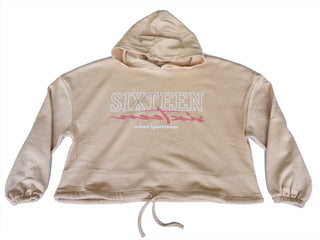 Hübscher rosa Damen-Cropped Oversize Hoodie von 16sports, bequemer Sweatshirt mit lockerer Passform und Kapuze.