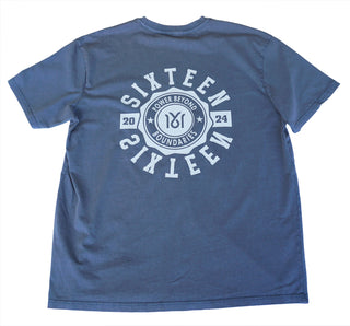Blaues 16sports T-Shirt mit 1616 SIGN Druck, bequemes Baumwoll-Design, für sportliche Aktivitäten und Freizeit.