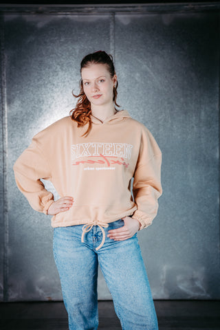 Graue, oversized Damen-Cropped-Hoodie von 16sports, bequemes Sweatshirt mit lockerer Passform, modischer Streetwear-Look