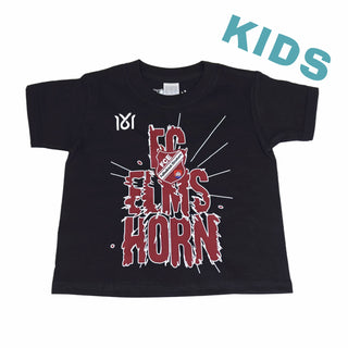 Schwarzes FC Elmshorn Kinder T-Shirt von 1616 x FCE mit Rundhalsausschnitt und Vereinslogo auf der Vorderseite