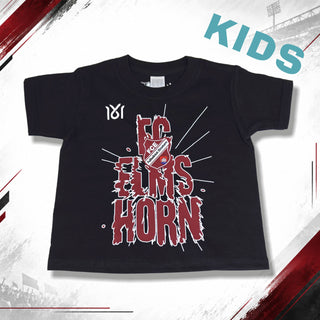 Schwarzes Kinder-T-Shirt von 1616 x FCE mit FC Elmshorn Logo, weiches Baumwollmaterial, für Jungen und Mädchen.