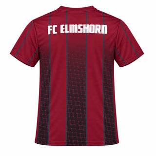 Rotes FC Elmshorn Heimtrikot T-Shirt von 1616 x FCE mit Vereinslogo und Teamname auf der Vorderseite.