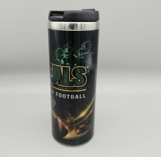 NFS Thermobecher aus Edelstahl mit doppelter Wandisolierung, rotes Design, für heiße und kalte Getränke.