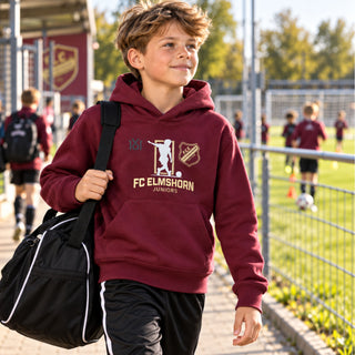 Kinder-Hoodie von 1616 x FCE für FC Elmshorn, bequemer Sweatshirt mit FC-Logo, in neutralem Design, auf Mockup-Bild
