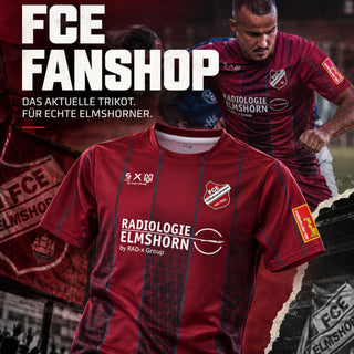 FC Elmshorn Heimtrikot T-Shirt von 1616 x FCE, mit Vereinslogo und teamfarben, auf Poster-Hintergrund sichtbar.