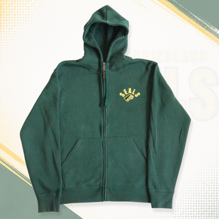 Grüner SEALS Essential Zip Hoodie von NFS, stylisches Sweatshirt mit Reißverschluss und Kapuze, Vorderseite mit Logo.
